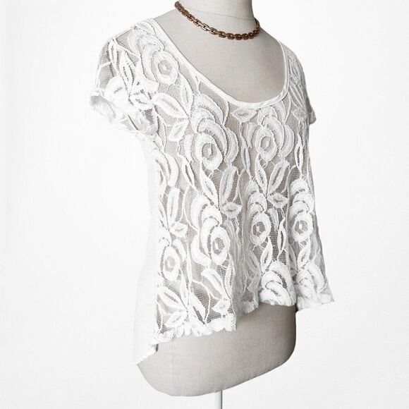 Vintage Y2K White Floral Lace Sheer Top Scoop Neck High Low Blouse Size XS/S - Picture 5 of 7